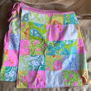 Lilly Pulitzer 8P reversible Wrap Skirt Patchwork sea beach Print Pink Green‎